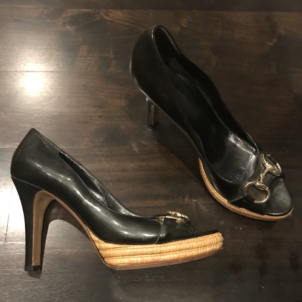Gucci Black Leather Peep-Toe Heels